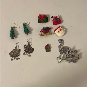 Festive Holiday Christmas Earrings and Brooch Set